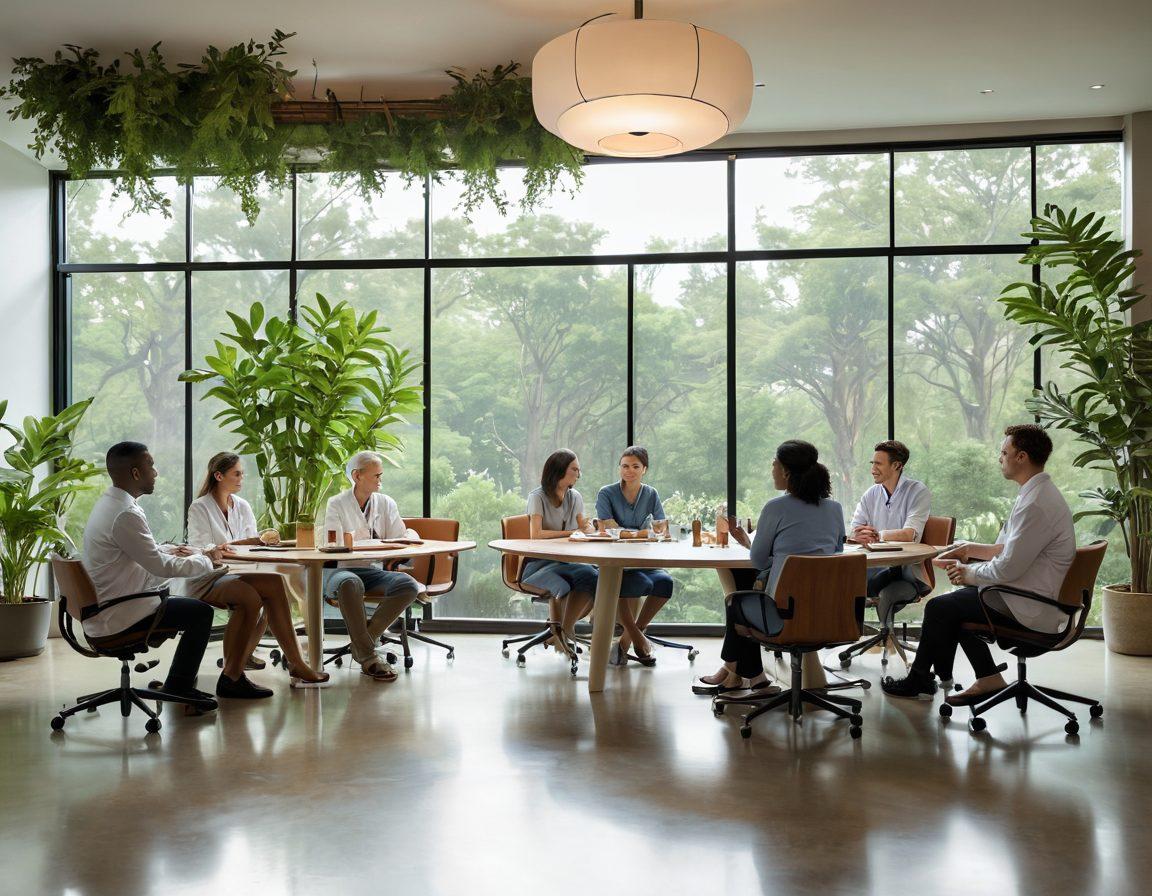 A serene healthcare setting showcasing a diverse team of healthcare professionals discussing at a round table, surrounded by calming elements like plants and natural light. Include symbols of holistic health like aromatherapy and acupuncture alongside advanced medical technology such as digital health monitors. A backdrop of a peaceful garden can be seen through large windows, emphasizing the fusion of nature and cutting-edge treatments. super-realistic. vibrant colors. soothing ambiance.