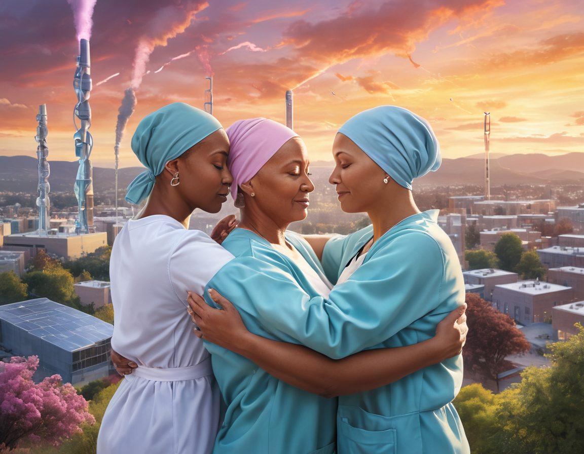 A symbolic representation of hope and resilience, featuring a diverse group of cancer survivors embracing each other, surrounded by elements of advanced medical technology like MRI machines and DNA helixes. A backdrop of a serene landscape transitions into a cityscape filled with healthcare innovations. Incorporate soft pastel colors to convey warmth and support, with delicate lighting emphasizing their strength and unity. super-realistic. vibrant colors. warm tones.