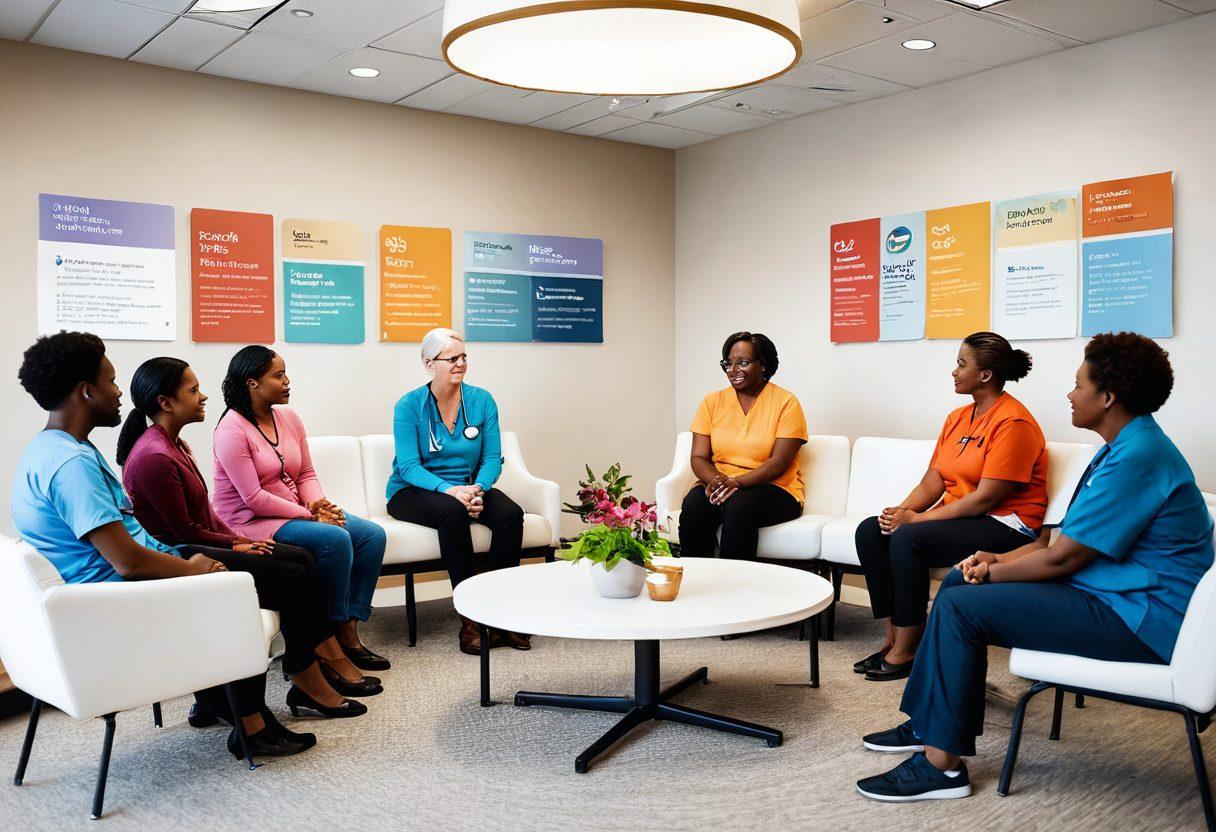 A comforting scene featuring a diverse group of patients in a well-lit, welcoming support space, sharing experiences while seated in a circle. Include elements such as colorful informational brochures about cancer resources, inspirational quotes on the walls, and a healthcare professional engaging with the group. Emphasize warmth, hope, and community, with diverse ages and backgrounds represented. vibrant colors. soft focus. 3D.